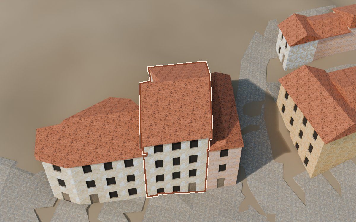 Casa del Carrer de Santa Agatòquia a la reconstrucció 3D, vista des del costat on millor es veu, amb el contorn marcat de color teula entre les cases del voltant