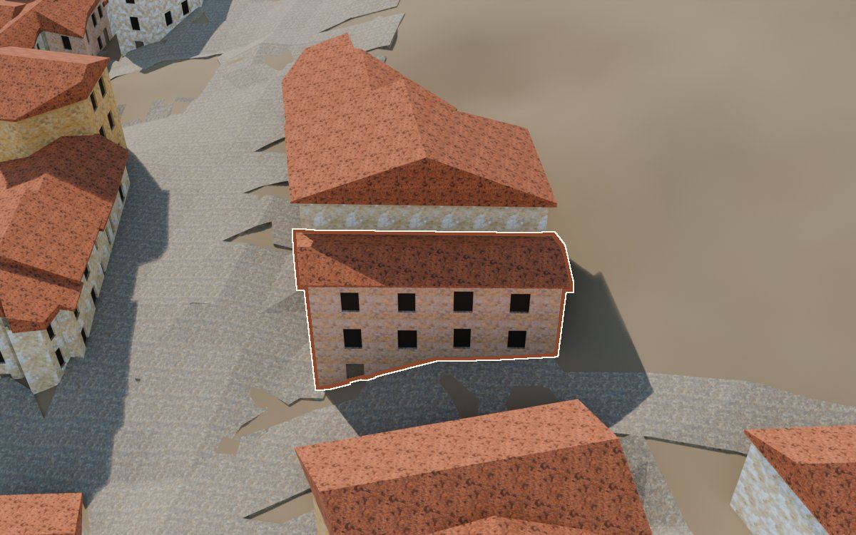 Casa del Carrer de Santa Agatòquia a la reconstrucció 3D, vista des del seu carrer, amb el contorn marcat de color teula entre les cases del voltant