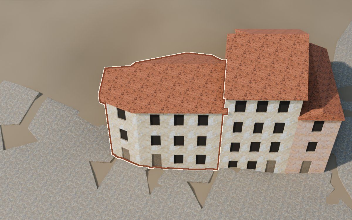 Casa del Carrer de Santa Agatòquia a la reconstrucció 3D, vista des del seu carrer, amb el contorn marcat de color teula entre les cases del voltant
