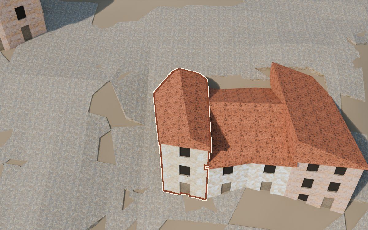 Casa del Carrer de les Creus a la reconstrucció 3D, vista des del costat on millor es veu, amb el contorn marcat de color teula entre les cases del voltant