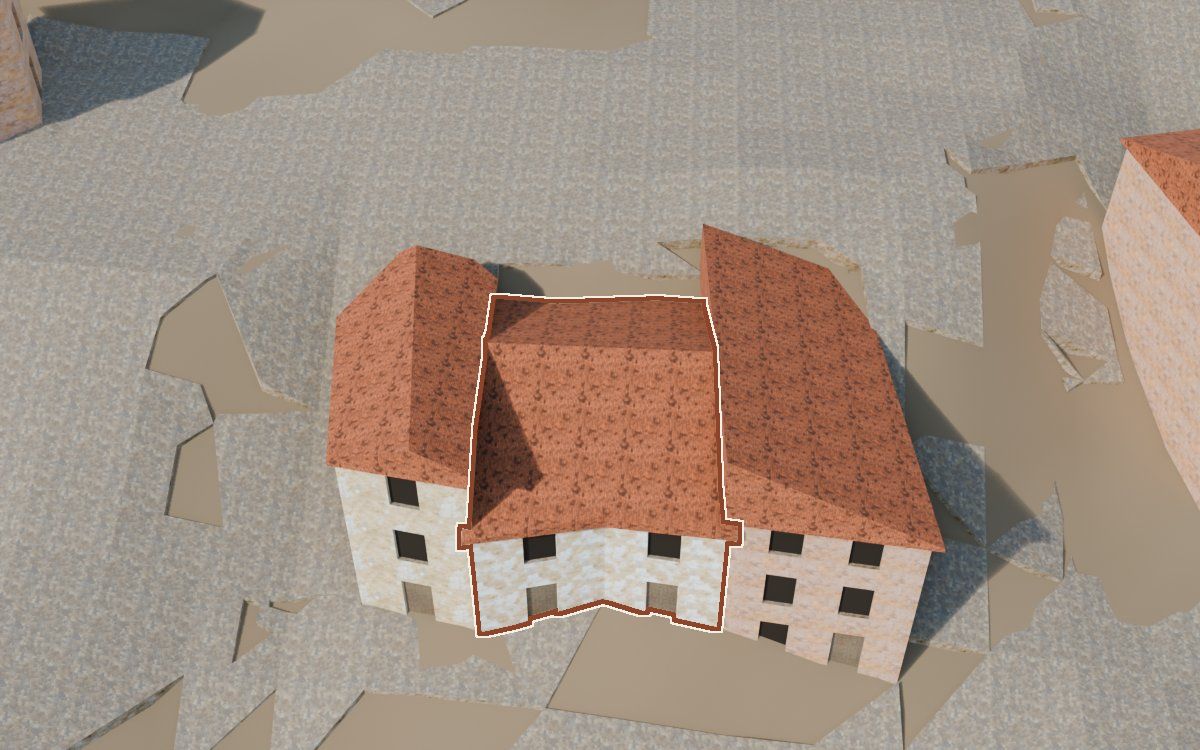 Casa del Carrer de Santa Agatòquia a la reconstrucció 3D, vista des del costat on millor es veu, amb el contorn marcat de color teula entre les cases del voltant