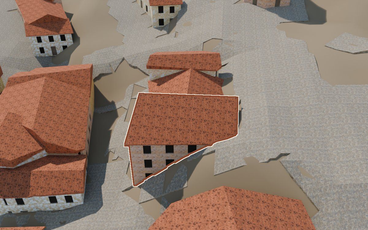 Casa de la Calle Conejos a la reconstrucció 3D, vista des del seu carrer, amb el contorn marcat de color teula entre les cases del voltant