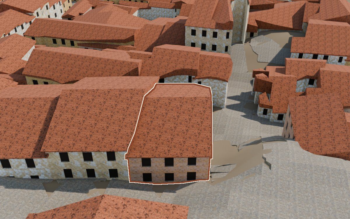 Casa del Carrer de Santa Agatòquia a la reconstrucció 3D, vista des del seu carrer, amb el contorn marcat de color teula entre les cases del voltant