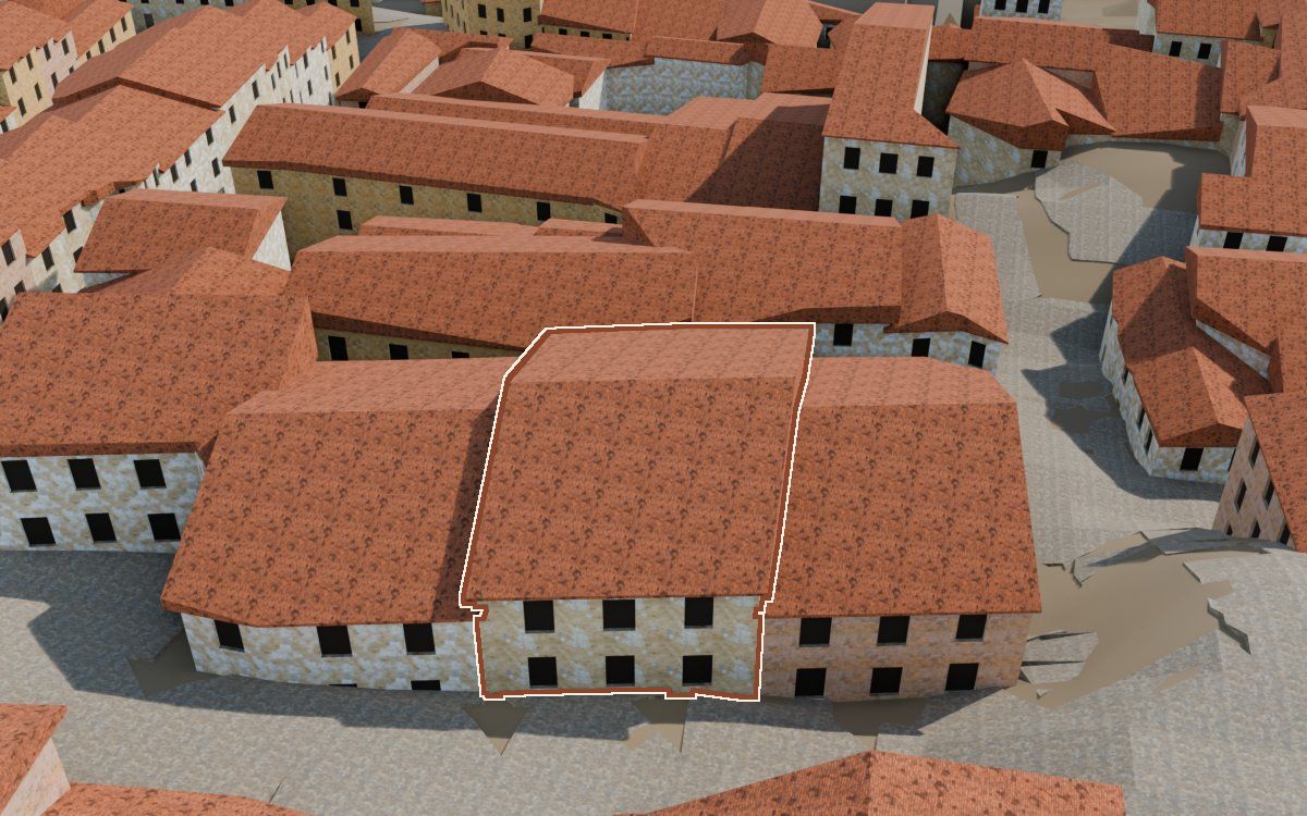 Casa del Carrer de Santa Agatòquia a la reconstrucció 3D, vista des del seu carrer, amb el contorn marcat de color teula entre les cases del voltant