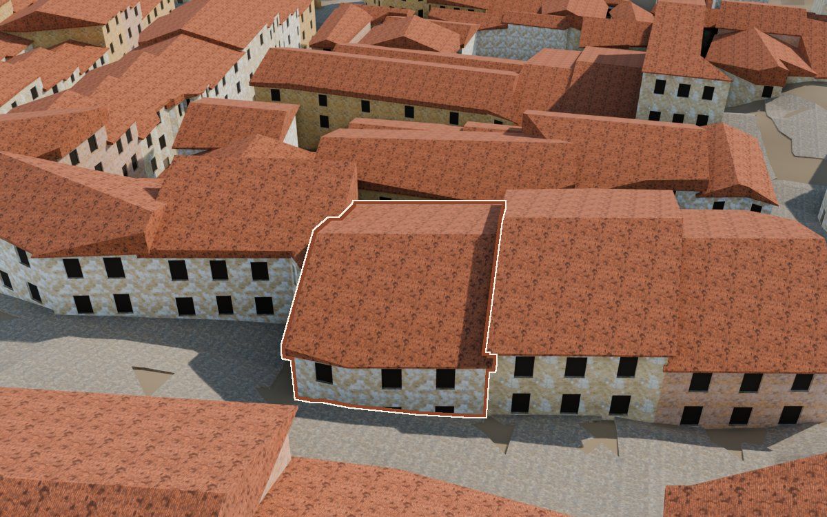 Casa del Carrer de Santa Agatòquia a la reconstrucció 3D, vista des del seu carrer, amb el contorn marcat de color teula entre les cases del voltant