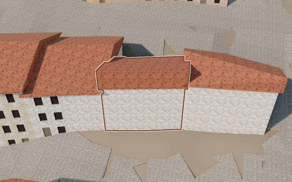 Casa del Carrer de Santa Agatòquia a la reconstrucció 3D, vista des del seu carrer, amb el contorn marcat de color teula entre les cases del voltant