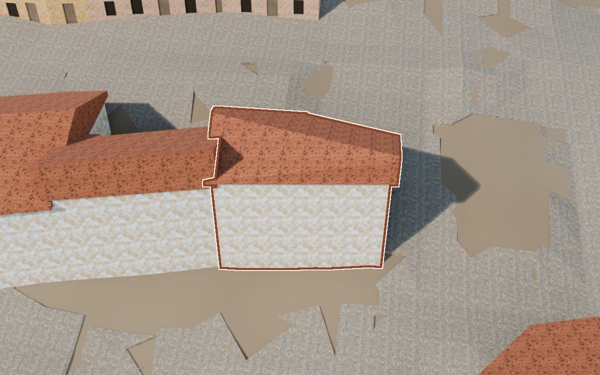 Casa del Carrer la Morera a la reconstrucció 3D, vista des del seu carrer, amb el contorn marcat de color teula entre les cases del voltant