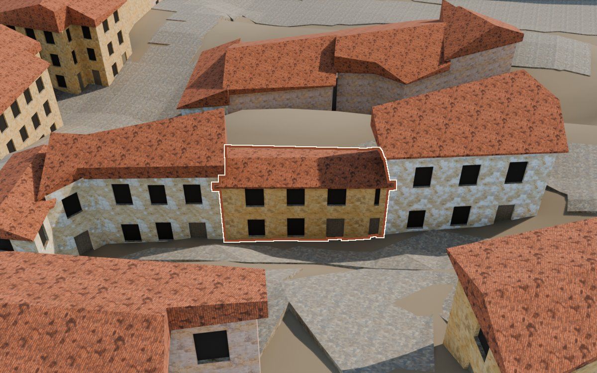 Casa del Carrer de les Creus a la reconstrucció 3D, vista des del seu carrer, amb el contorn marcat de color teula entre les cases del voltant