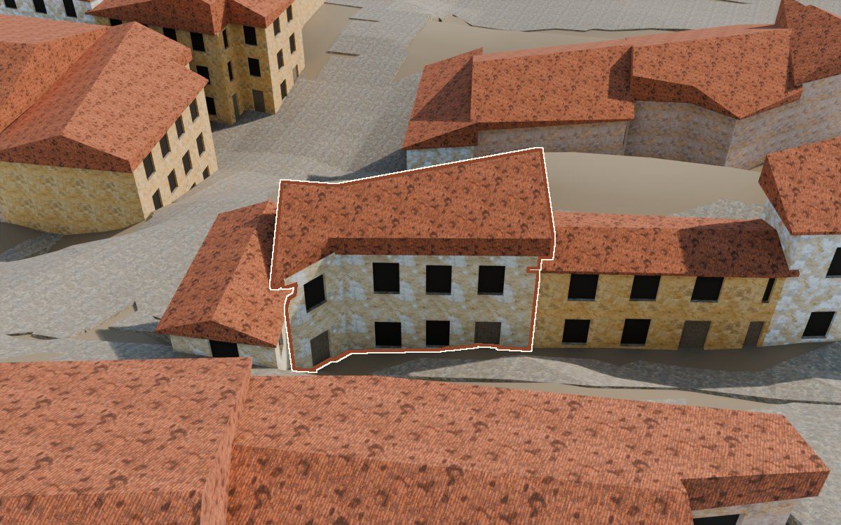 Casa del Carrer de les Creus a la reconstrucció 3D, vista des del seu carrer, amb el contorn marcat de color teula entre les cases del voltant