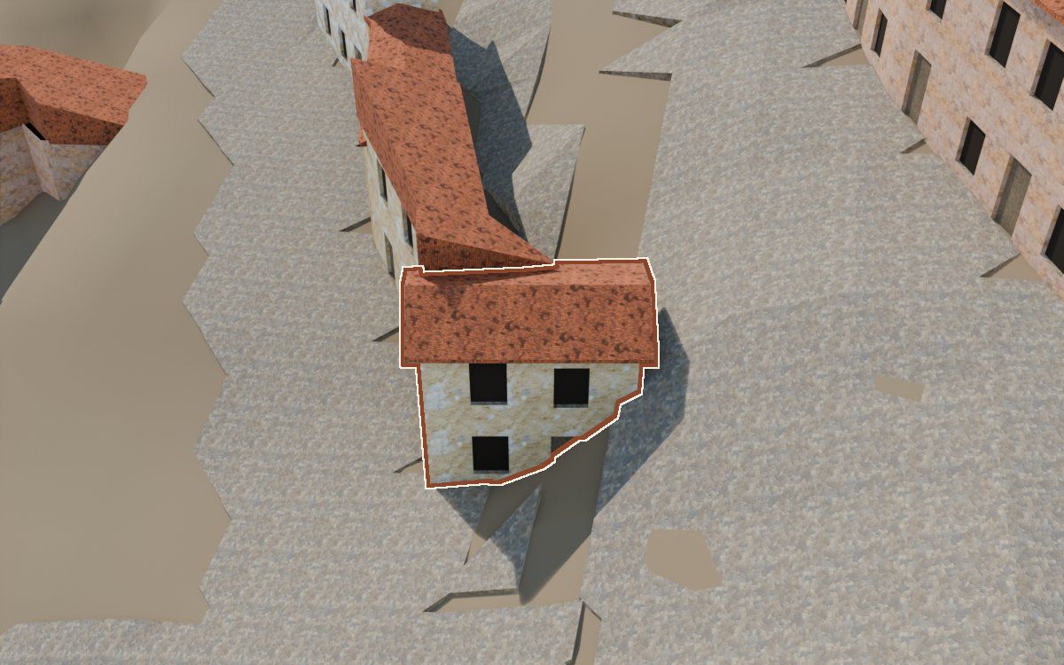 Casa del Carrer de les Creus a la reconstrucció 3D, vista des del seu carrer, amb el contorn marcat de color teula entre les cases del voltant