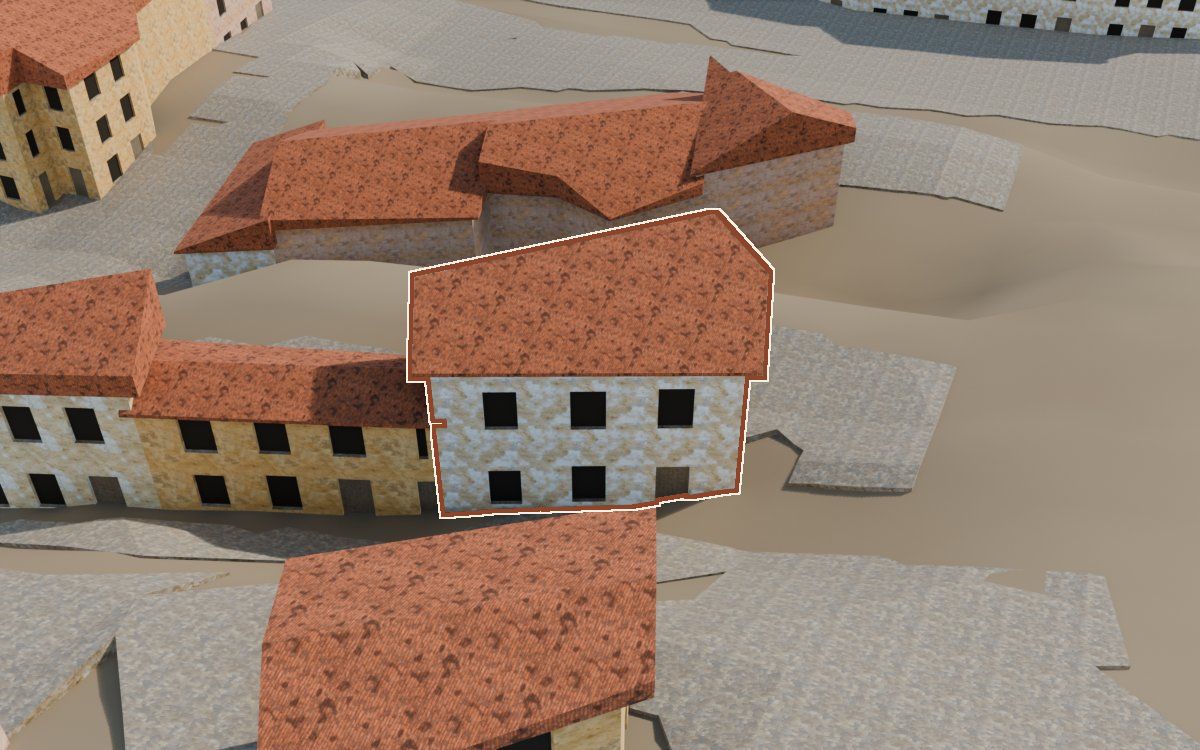Casa del Carrer de les Creus a la reconstrucció 3D, vista des del seu carrer, amb el contorn marcat de color teula entre les cases del voltant