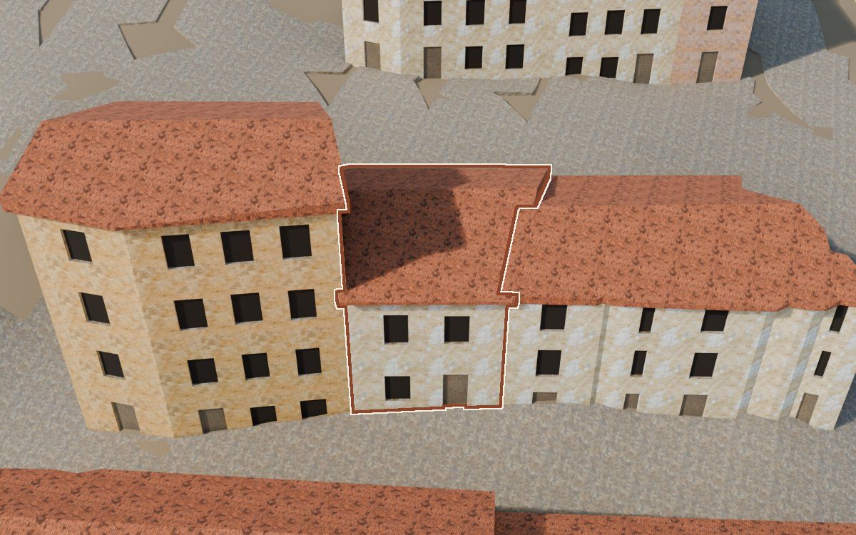 Manzana 50, n.º 2 a la reconstrucció 3D, vista des del seu carrer, amb el contorn marcat de color teula entre les cases del voltant