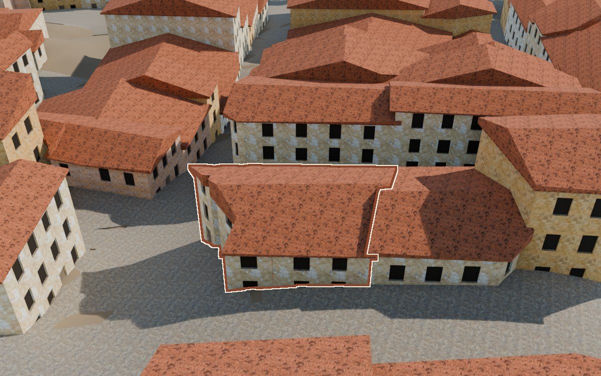 Manzana 50, n.º 3 y 4 a la reconstrucció 3D, vista des del seu carrer, amb el contorn marcat de color teula entre les cases del voltant