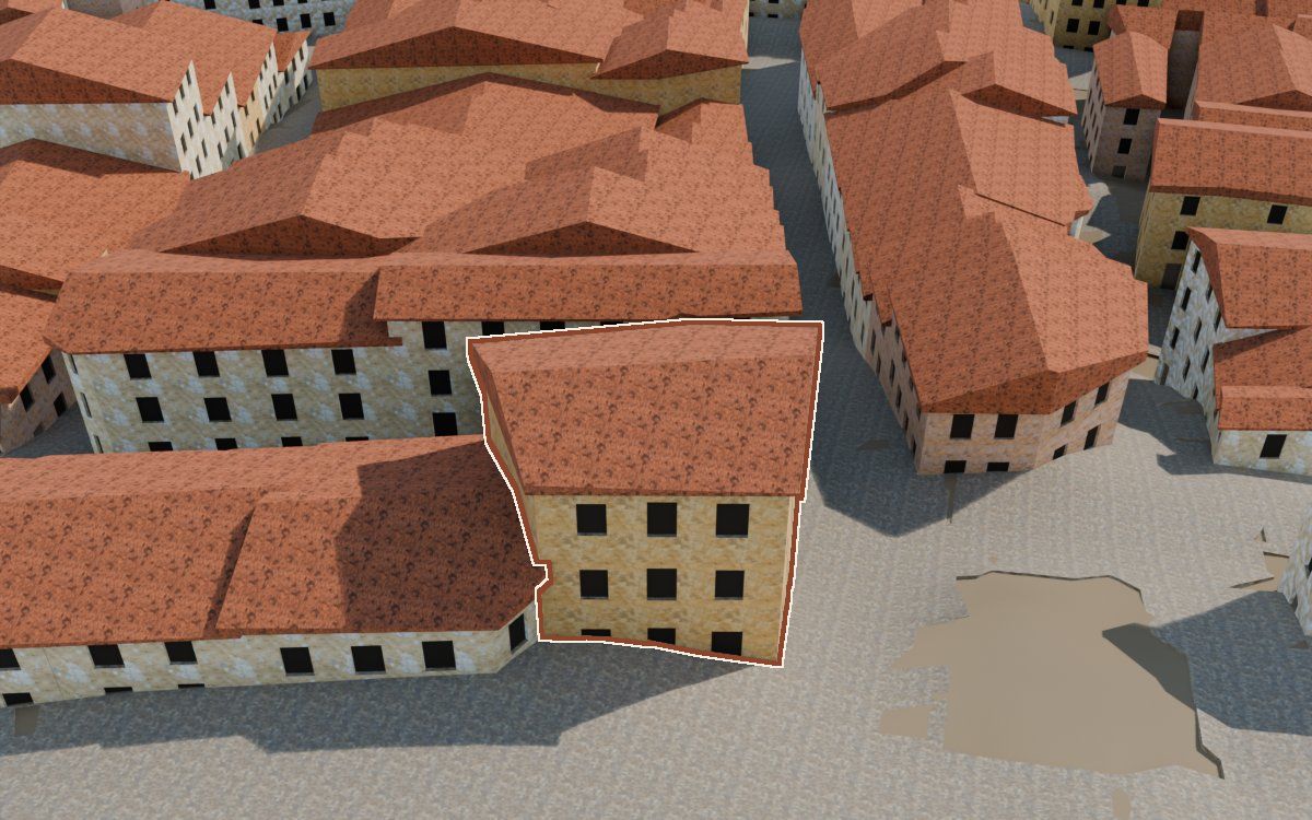 Manzana 50, n.º 1 a la reconstrucció 3D, vista des del seu carrer, amb el contorn marcat de color teula entre les cases del voltant