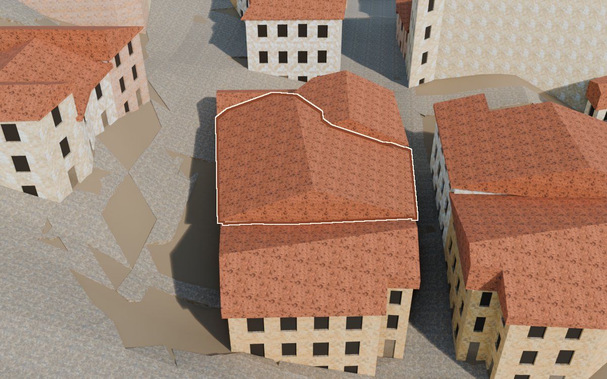 Manzana 45, n.º 2 a la reconstrucció 3D, vista des del seu carrer, amb el contorn marcat de color teula entre les cases del voltant