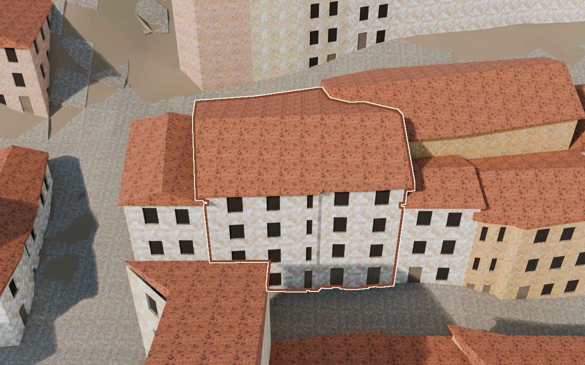 Manzana 44, n.º 2 y 3 a la reconstrucció 3D, vista des del seu carrer, amb el contorn marcat de color teula entre les cases del voltant