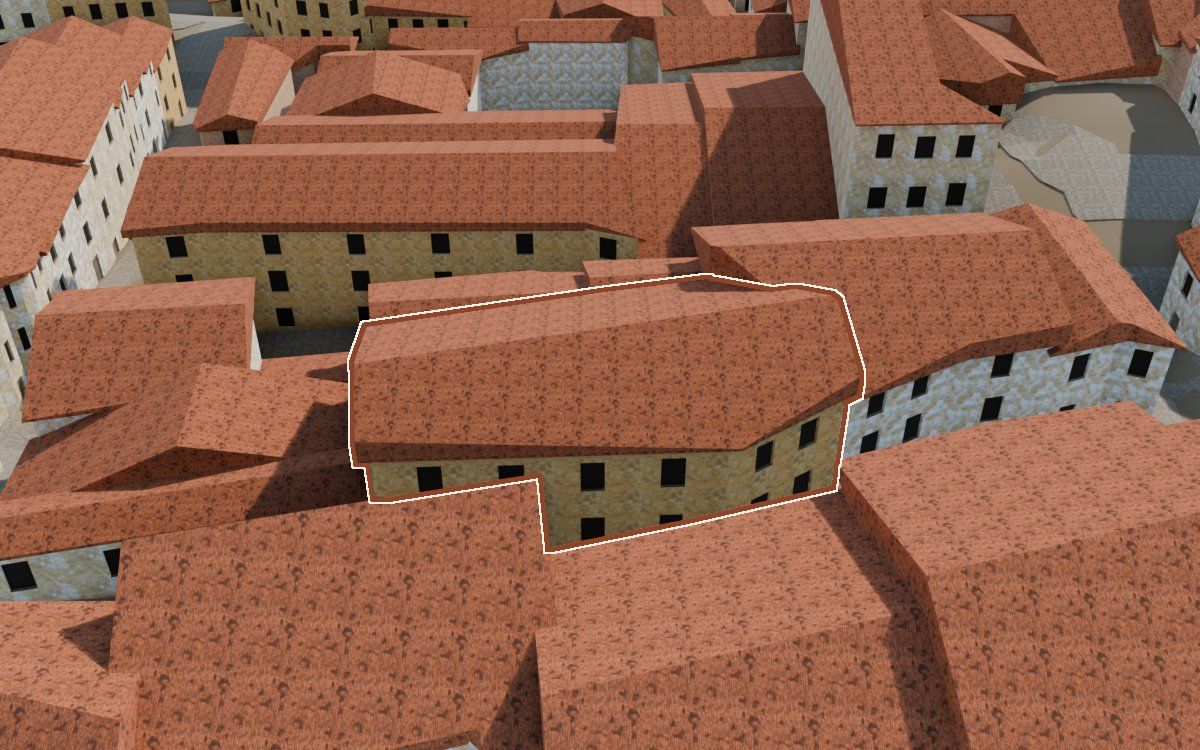 Manzana 44, n.º 10 a la reconstrucció 3D, vista des del seu carrer, amb el contorn marcat de color teula entre les cases del voltant