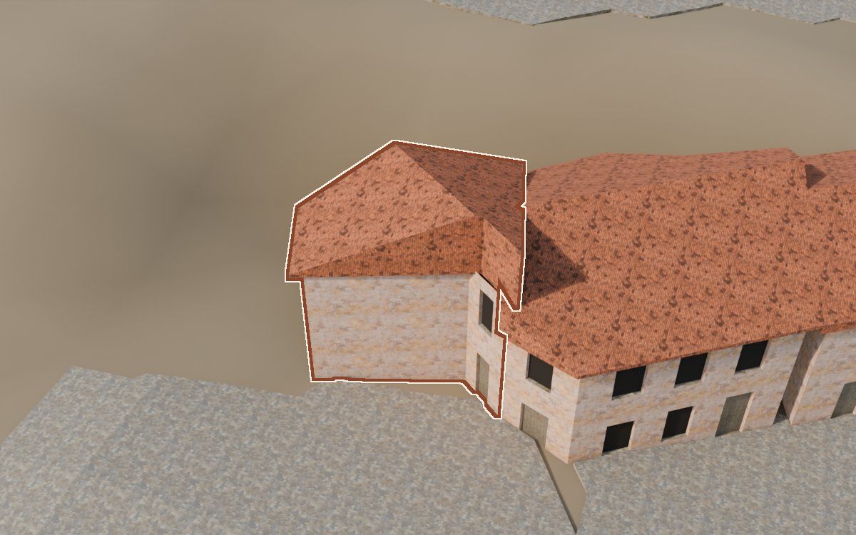 Casa cerca del Carrer de les Creus a la reconstrucció 3D, vista des del seu carrer, amb el contorn marcat de color teula entre les cases del voltant