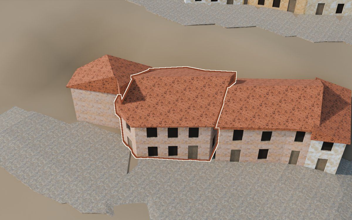 Casa cerca del Carrer de les Creus a la reconstrucció 3D, vista des del seu carrer, amb el contorn marcat de color teula entre les cases del voltant