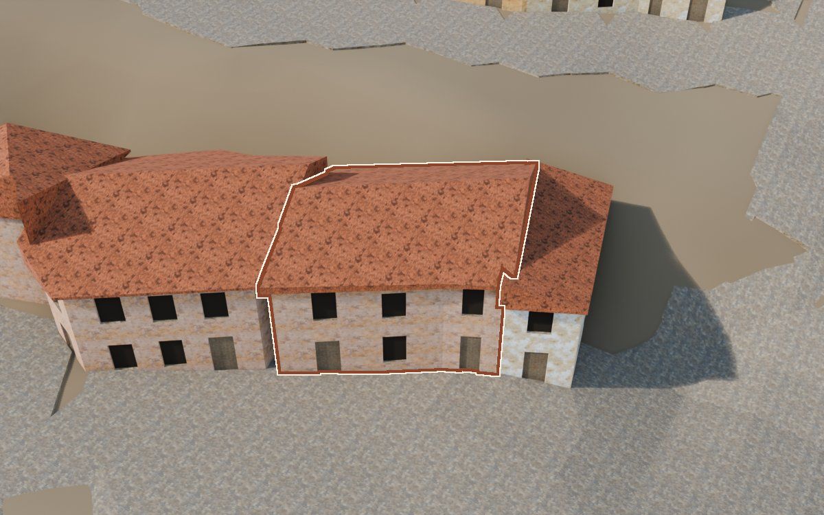 Casa cerca del Carrer del Barranc a la reconstrucció 3D, vista des del seu carrer, amb el contorn marcat de color teula entre les cases del voltant