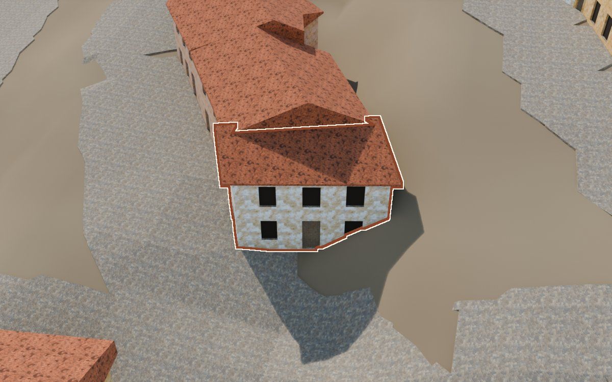 Casa cerca del Carrer del Barranc a la reconstrucció 3D, vista des del seu carrer, amb el contorn marcat de color teula entre les cases del voltant