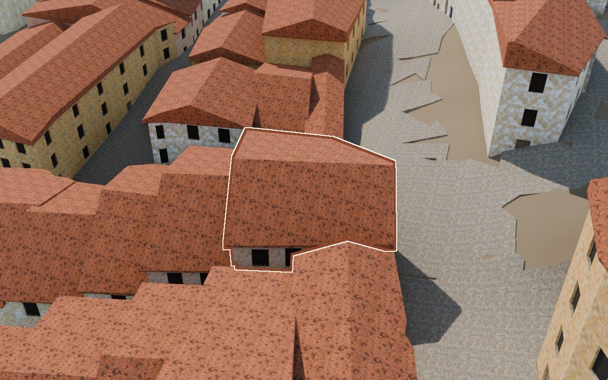 Manzana 27, n.º 5 a la reconstrucció 3D, vista des del seu carrer, amb el contorn marcat de color teula entre les cases del voltant