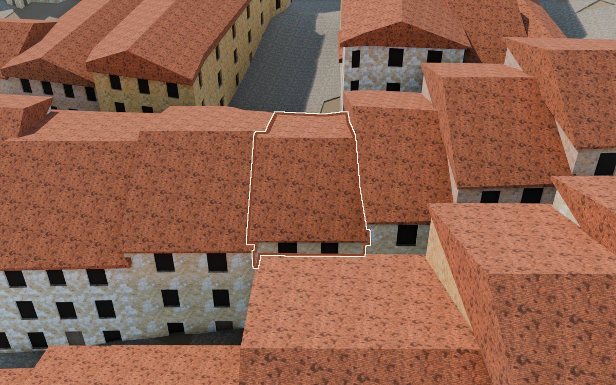 Manzana 27, n.º 8 a la reconstrucció 3D, vista des del seu carrer, amb el contorn marcat de color teula entre les cases del voltant