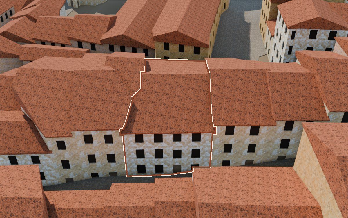 Manzana 27, n.º 10 y 11 a la reconstrucció 3D, vista des del seu carrer, amb el contorn marcat de color teula entre les cases del voltant