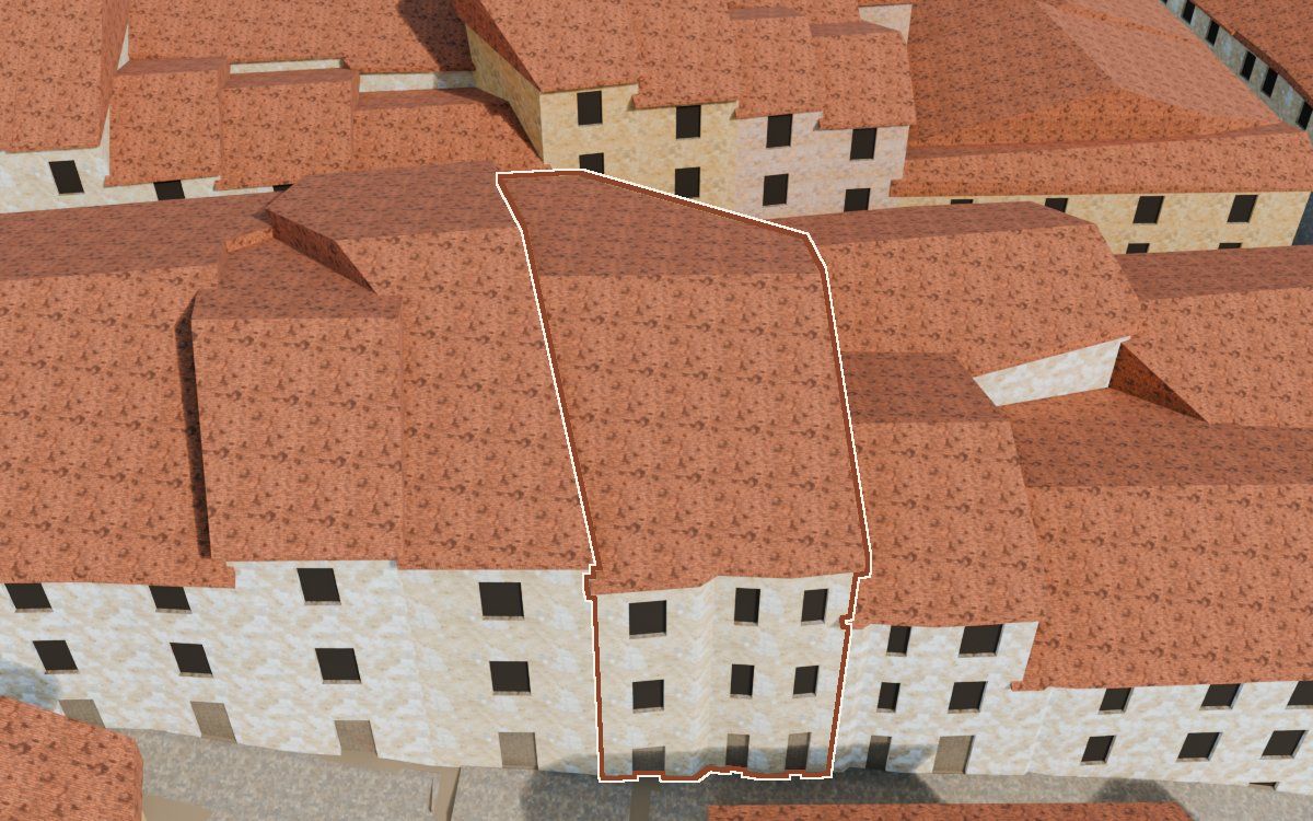 Manzana 27, n.º 13 a la reconstrucció 3D, vista des del costat on millor es veu, amb el contorn marcat de color teula entre les cases del voltant