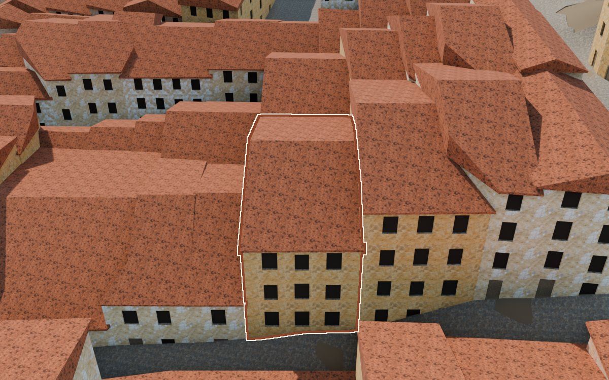 Manzana 28, n.º 30 a la reconstrucció 3D, vista des del seu carrer, amb el contorn marcat de color teula entre les cases del voltant