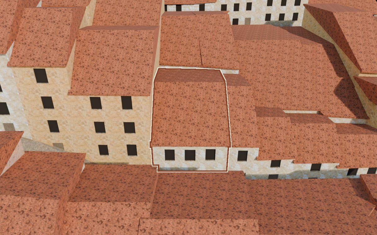 Manzana 28, n.º 5 a la reconstrucció 3D, vista des del seu carrer, amb el contorn marcat de color teula entre les cases del voltant