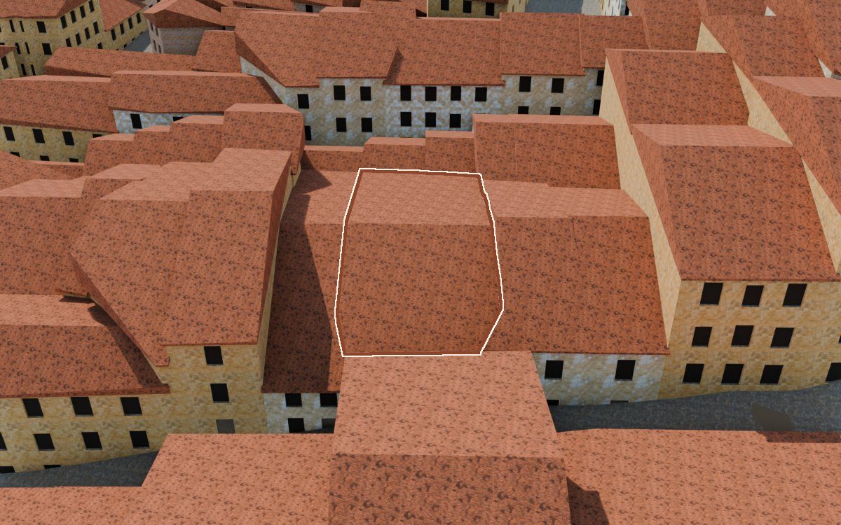 Manzana 28, n.º 27 a la reconstrucció 3D, vista des del seu carrer, amb el contorn marcat de color teula entre les cases del voltant