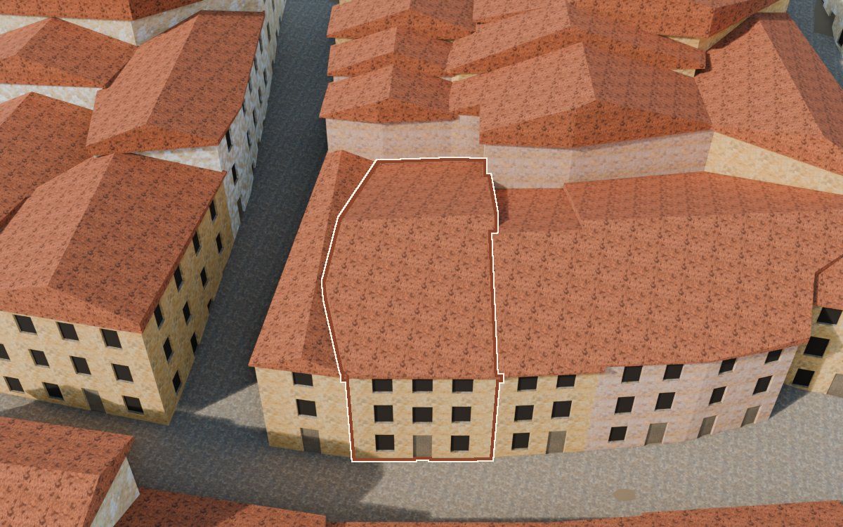 Manzana 28, n.º 17 a la reconstrucció 3D, vista des del costat on millor es veu, amb el contorn marcat de color teula entre les cases del voltant