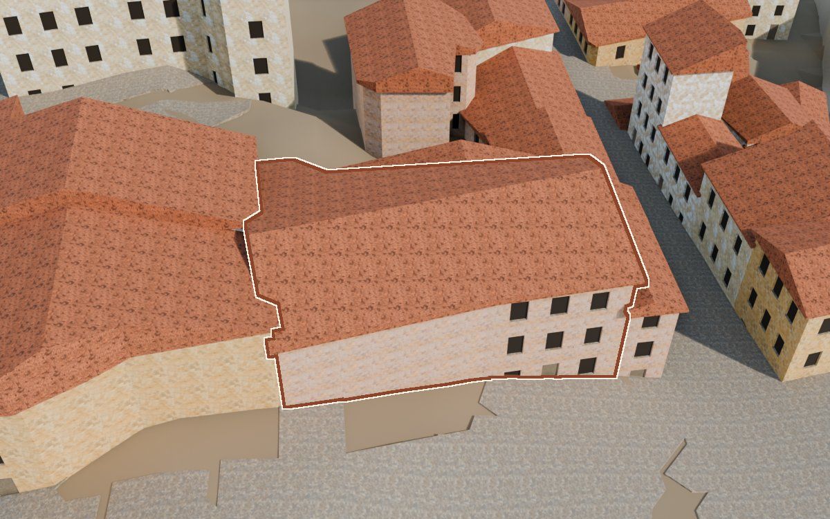 Casa cerca del Carrer del Barranc a la reconstrucció 3D, vista des del costat on millor es veu, amb el contorn marcat de color teula entre les cases del voltant