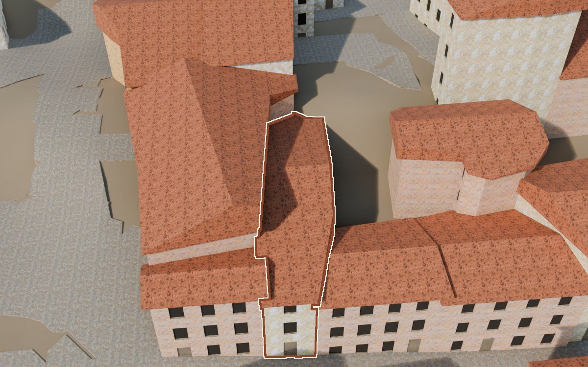 Casa del Carrer Saragossa a la reconstrucció 3D, vista des del costat on millor es veu, amb el contorn marcat de color teula entre les cases del voltant