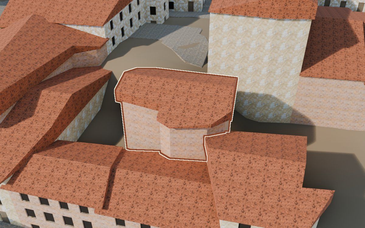 Manzana 26, n.º 24 a la reconstrucció 3D, vista des del seu carrer, amb el contorn marcat de color teula entre les cases del voltant