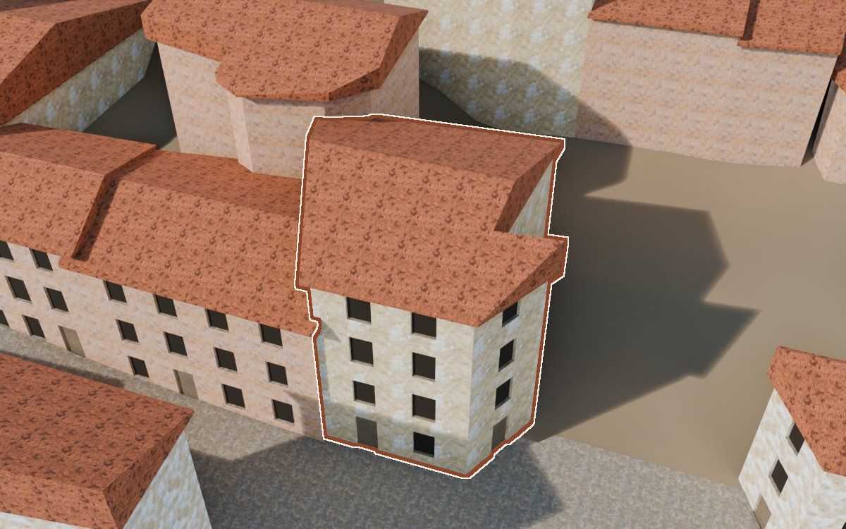 Casa del Carrer Saragossa a la reconstrucció 3D, vista des del costat on millor es veu, amb el contorn marcat de color teula entre les cases del voltant