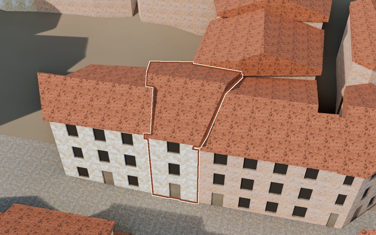 Casa del Carrer Saragossa a la reconstrucció 3D, vista des del costat on millor es veu, amb el contorn marcat de color teula entre les cases del voltant