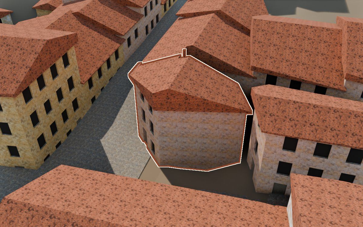 Casa del Carrer Saragossa a la reconstrucció 3D, vista des del seu carrer, amb el contorn marcat de color teula entre les cases del voltant
