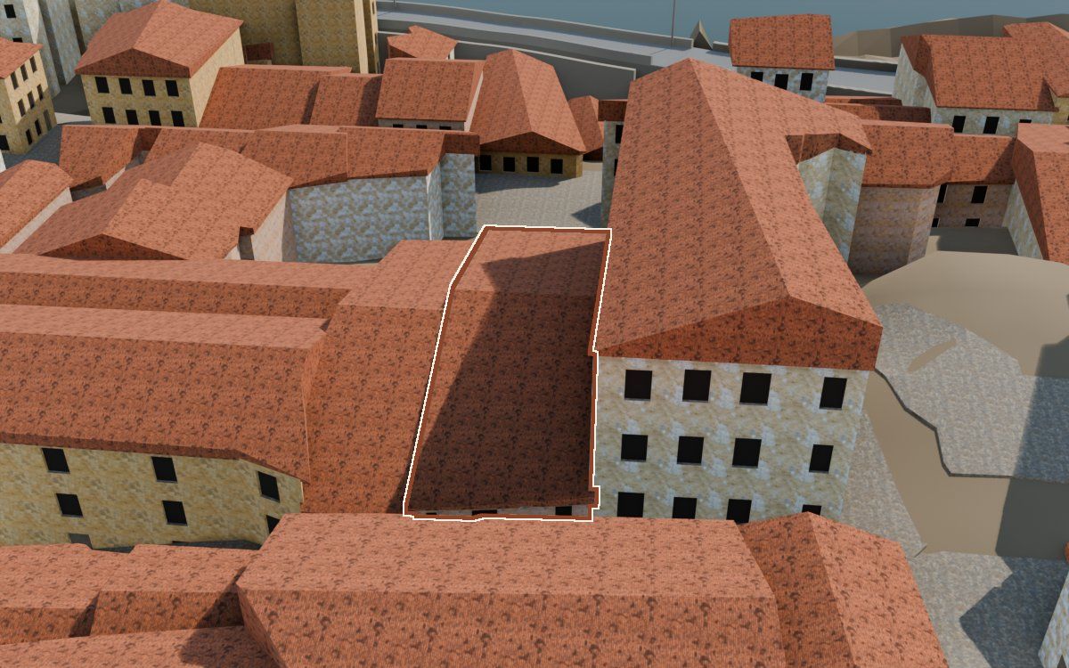 Manzana 26, n.º 13 a la reconstrucció 3D, vista des del seu carrer, amb el contorn marcat de color teula entre les cases del voltant