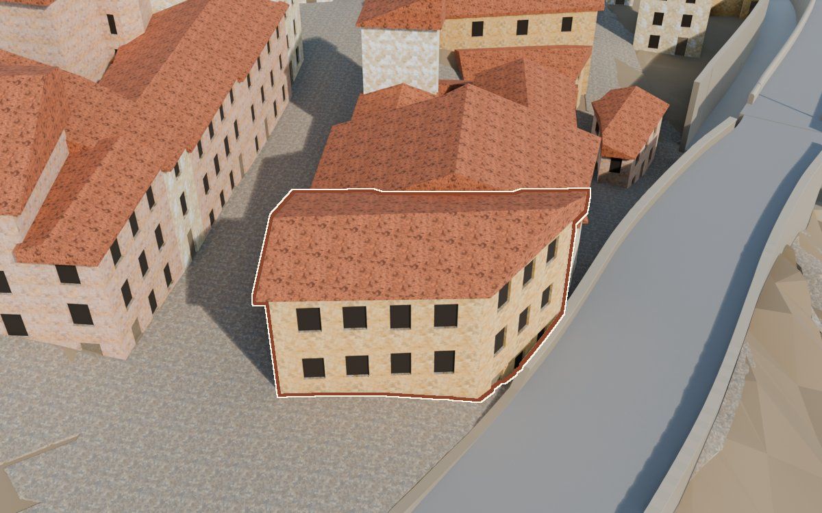 Casa de la Carretera a la reconstrucció 3D, vista des del seu carrer, amb el contorn marcat de color teula entre les cases del voltant