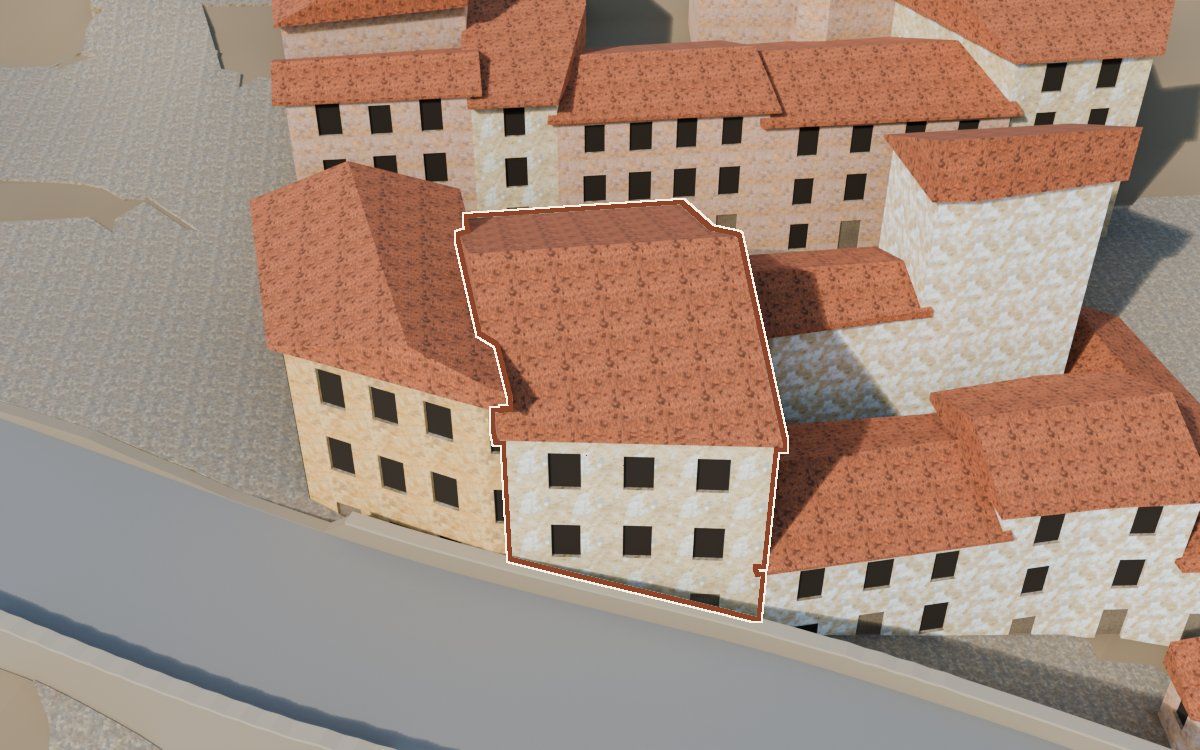 Casa del Carrer Saragossa a la reconstrucció 3D, vista des del seu carrer, amb el contorn marcat de color teula entre les cases del voltant