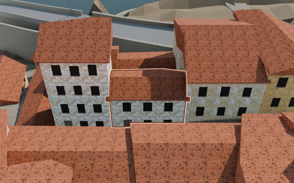 Casa del Carrer Saragossa a la reconstrucció 3D, vista des del seu carrer, amb el contorn marcat de color teula entre les cases del voltant