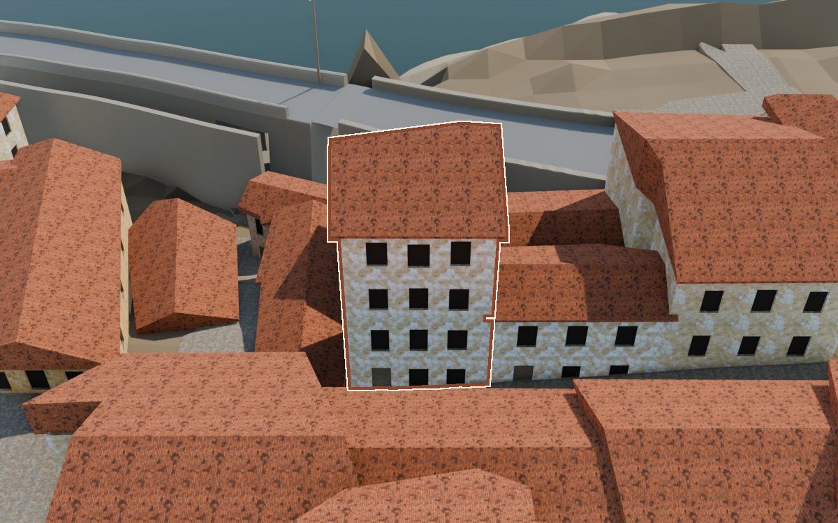 Casa del Carrer Saragossa a la reconstrucció 3D, vista des del seu carrer, amb el contorn marcat de color teula entre les cases del voltant
