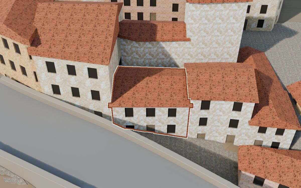 Casa de la Carretera a la reconstrucció 3D, vista des del seu carrer, amb el contorn marcat de color teula entre les cases del voltant