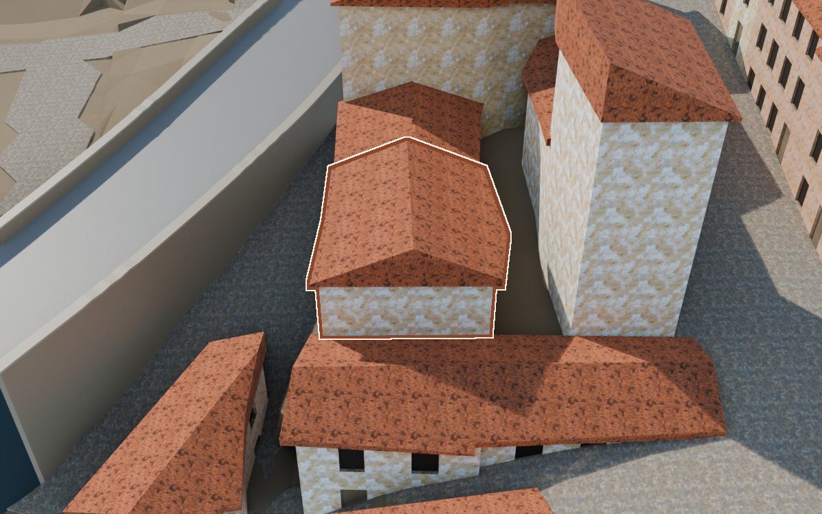 Casa de la Carretera a la reconstrucció 3D, vista des del seu carrer, amb el contorn marcat de color teula entre les cases del voltant