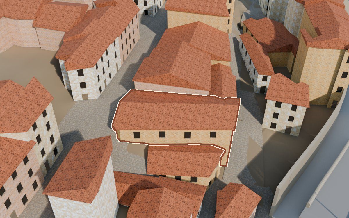 Manzana 4, n.º 6 a la reconstrucció 3D, vista des del seu carrer, amb el contorn marcat de color teula entre les cases del voltant