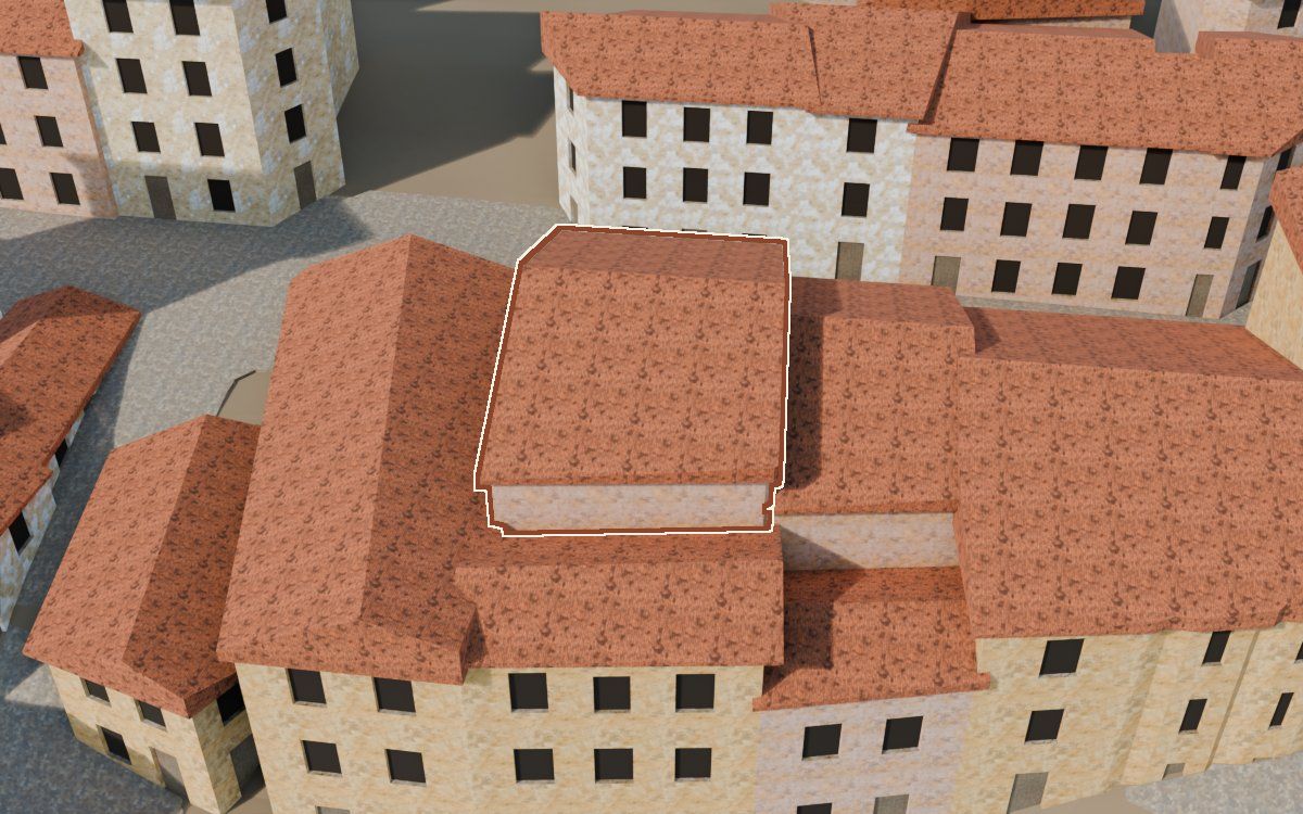Manzana 4, n.º 4 a la reconstrucció 3D, vista des del seu carrer, amb el contorn marcat de color teula entre les cases del voltant