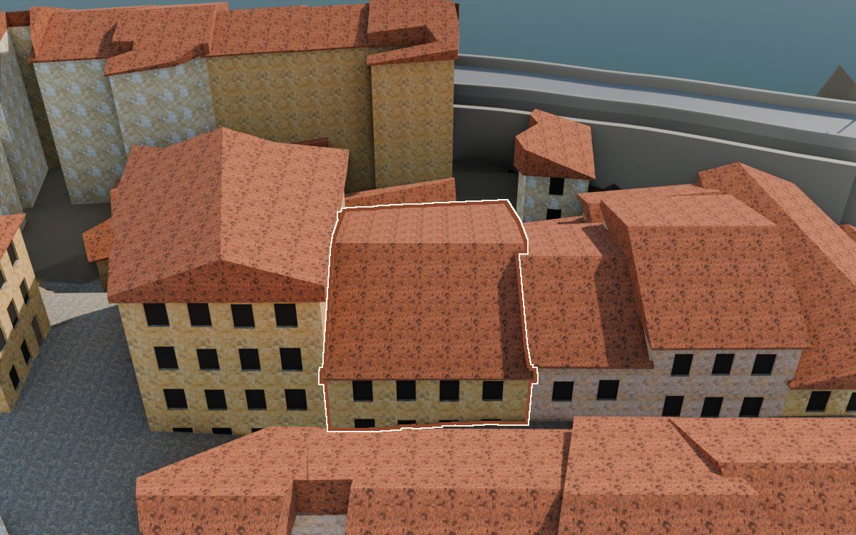 Manzana 4, n.º 2 a la reconstrucció 3D, vista des del seu carrer, amb el contorn marcat de color teula entre les cases del voltant