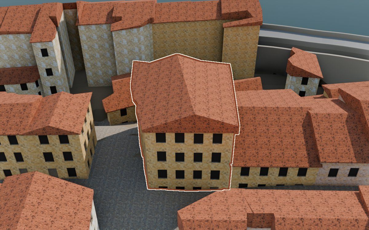 Manzana 6, n.º 3 y 4 a la reconstrucció 3D, vista des del seu carrer, amb el contorn marcat de color teula entre les cases del voltant